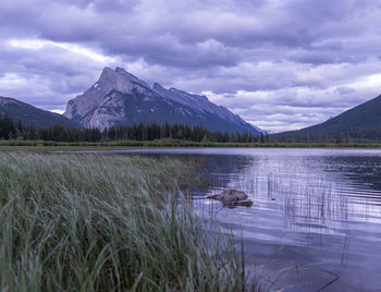 Scenic view of lake and mountains against sky