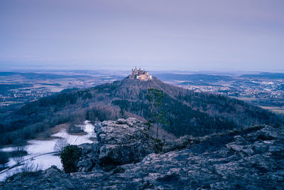 Elevated view of hohenzollern castle at sunrise, winter landscape, baden wuerttemberg, germany