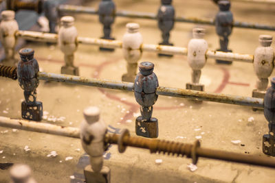 Close-up of old foosball table