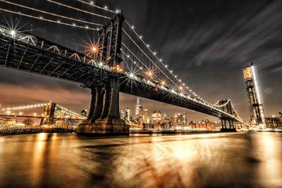 Illuminated bridge over river at night