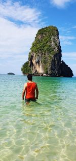 Rear view of man in sea against sky