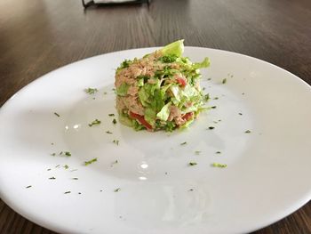 High angle view of salad in plate on table