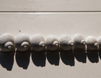 Close-up of umbrellas against wall