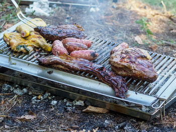 Close-up of meat on barbecue grill