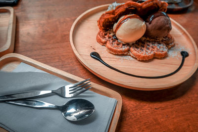 High angle view of dessert in plate on table