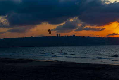 Silhouette birds on beach against sky during sunset