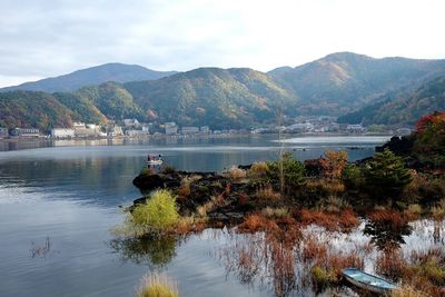 Scenic view of river with mountains in background