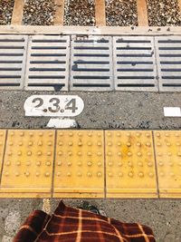 High angle view of road sign on street