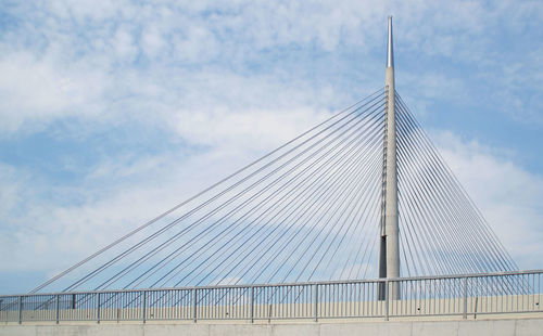 Low angle view of suspension bridge against cloudy sky