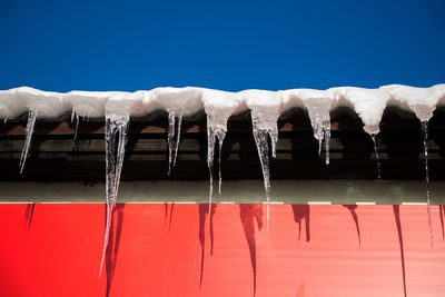 Low angle view of icicles on roof against clear sky