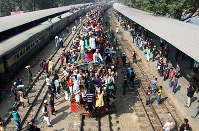 High angle view of crowd at railroad station