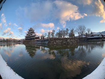 Panoramic view of lake by building against sky