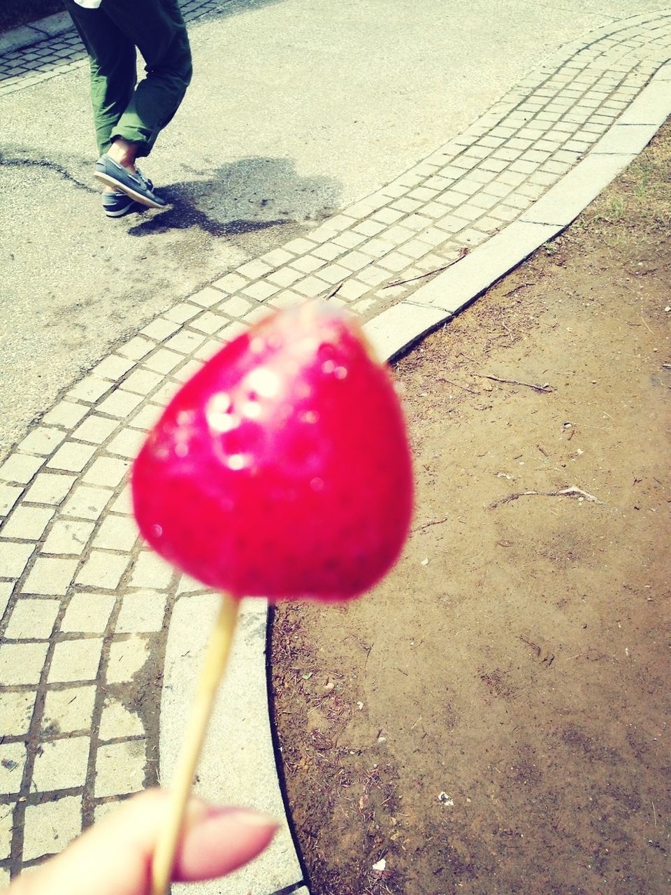 food and drink, red, holding, food, person, lifestyles, freshness, fruit, leisure activity, part of, high angle view, street, strawberry, healthy eating, unrecognizable person, low section, standing