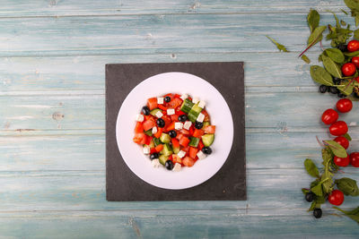 High angle view of fruits served on table