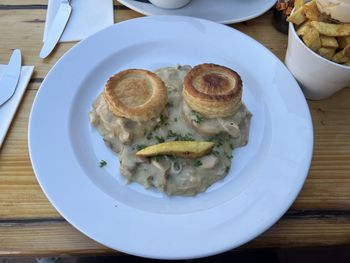 High angle view of food in plate on table