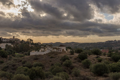 Trees and townscape against sky during sunset