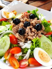 Close-up of breakfast served on table