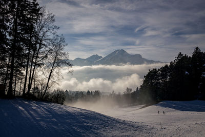 Scenic view of snow covered mountains against sky