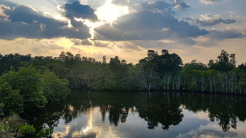 Scenic view of lake against sky during sunset