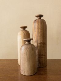 Close-up of wooden containers on wooden table
