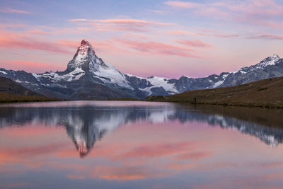 Scenic view of lake and mountains against sky during sunset