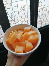 Close-up of hand holding fruit salad in bowl