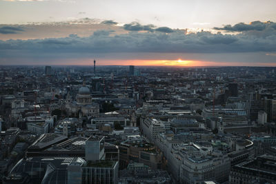 High angle view of cityscape against sky during sunset