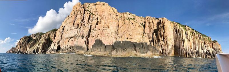 Scenic view of sea and rock formation against sky