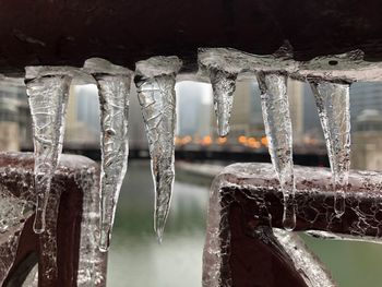 Close-up of icicles on metal during winter