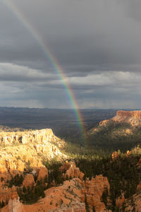 Scenic view of rainbow over landscape against sky