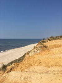 Scenic view of beach against clear blue sky