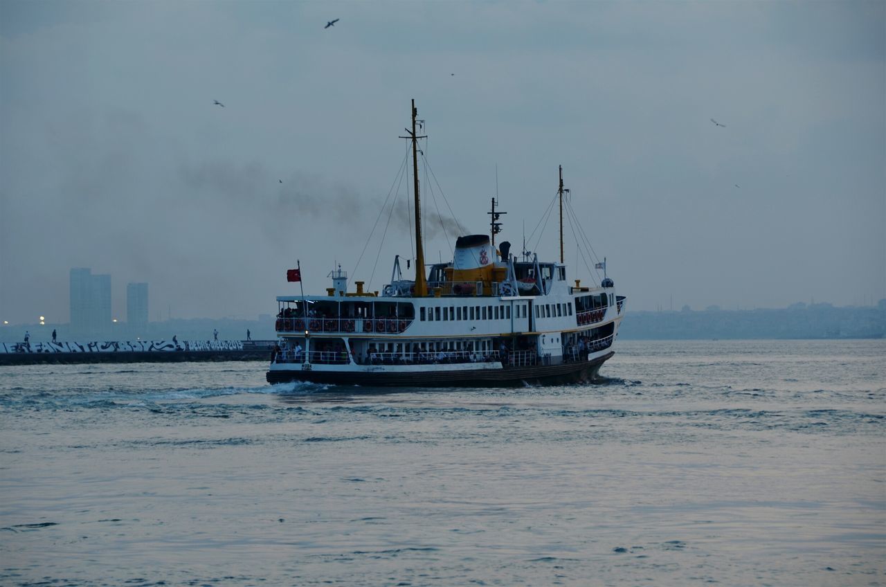 transportation, nautical vessel, water, mode of transport, sea, boat, waterfront, sky, bird, nature, moored, ship, sailing, travel, cloud - sky, rippled, flying, day, outdoors, tranquility