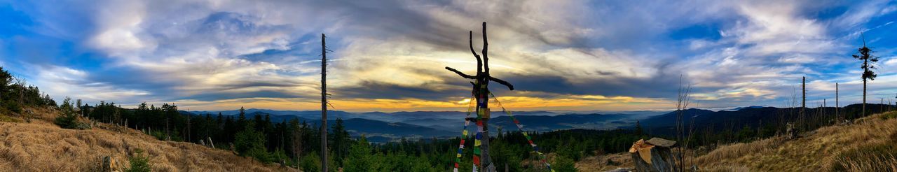 Panoramic view of land and mountains against sky