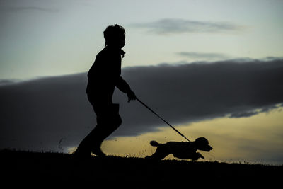 Silhouette man with dog against sky during sunset