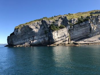 Scenic view of sea against clear blue sky