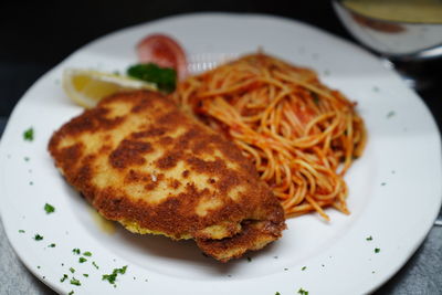 High angle view of food served in plate