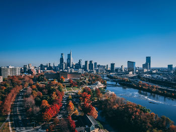 View of buildings in city against blue sky in philadelphia 