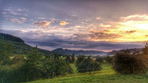 Scenic view of field against sky during sunset