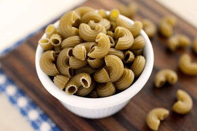 High angle view of pasta in bowl on table