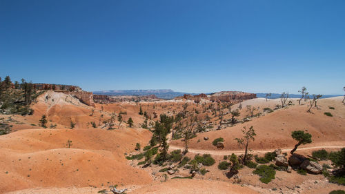 Scenic view of desert against clear blue sky