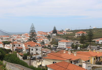 High angle view of houses in town against sky