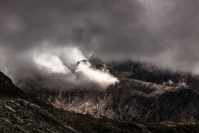 Scenic view of mountains against cloudy sky