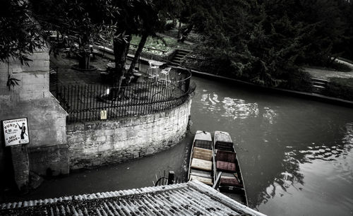 High angle view of boats moored in river