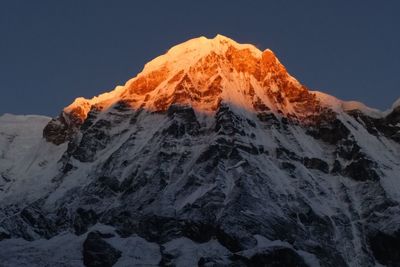 Low angle view of snowcapped mountain against clear sky