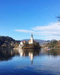 Scenic view of a church on an island on lake bled in slovenia