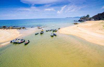 High angle view of boats at calm sea