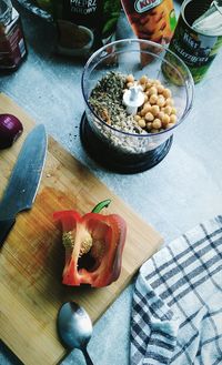 High angle view of food on table