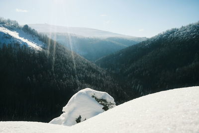 Scenic view of snow covered mountains