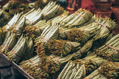 High angle view of vegetables for sale at market