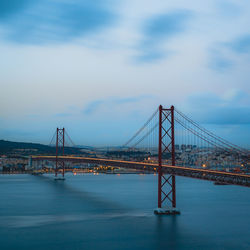 Suspension bridge over sea against sky